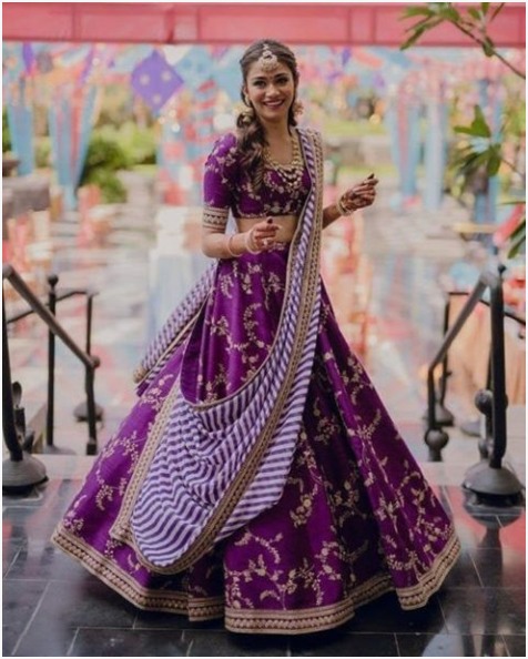 Purple Lengha with lehariya chunni